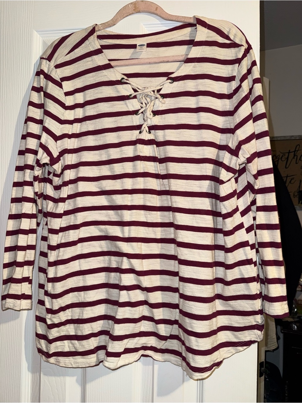 Old Navy Cream and Burgundy Striped Lace-Up Long Sleeve Top